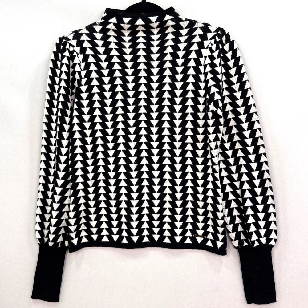 Nine West Womens XS Black White Geometric Triangle Mock Neck Puff Sleeve Sweater